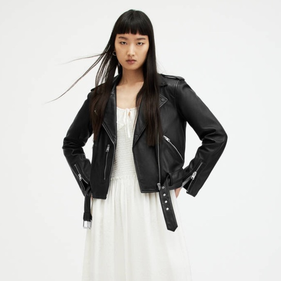 AllSaints Balfern Belted Hem Leather Biker Jacket - Picture 3 of 13